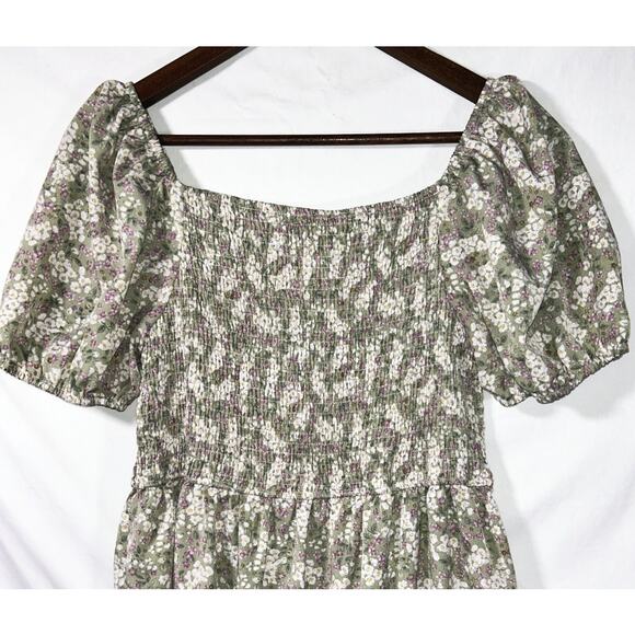 Stella Morgan US Size 8 Green w/ Purple & White Flowers Puff Sleeve Dress - Picture 2 of 5